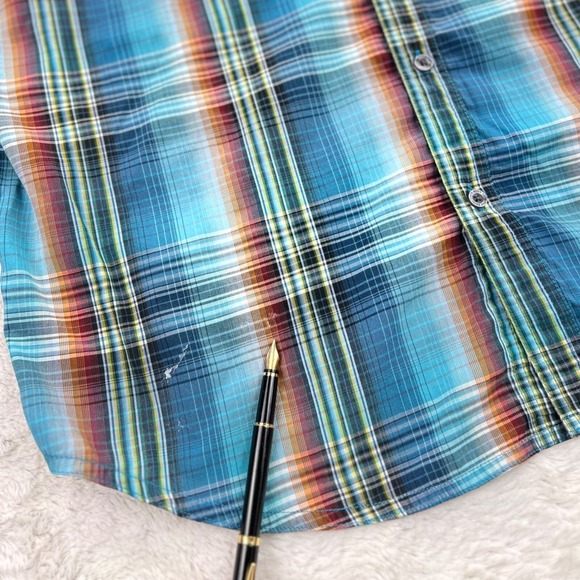 PrAna Short Sleeve Shirt Men's XL‎ Blue Red Plaid Button Up Pockets - Picture 9 of 11